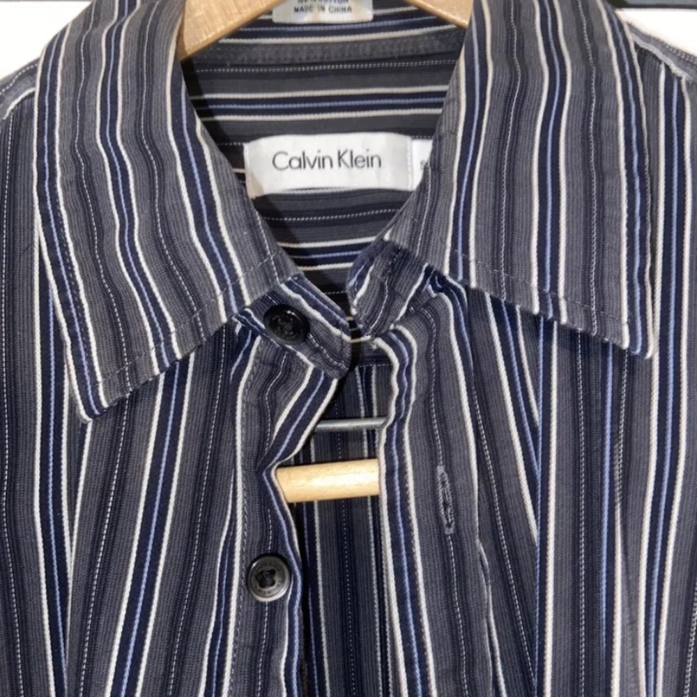 Men’s Dress Shirt - Calvin Klein - Small, Grey w Blue & White Stripes